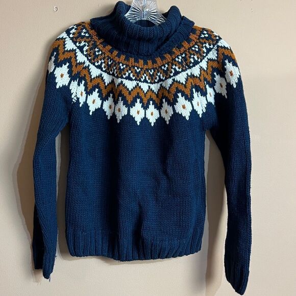 Rachel Zoe Navy Cream Mustard Fair Isle Cowl Neck Acrylic Knitted Sweater - Picture 2 of 10